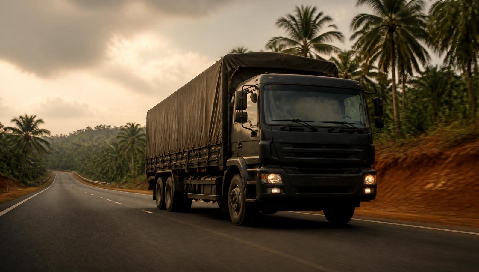 Camion de marchandises sur une route au Cameroun, illustrant les activités de transport